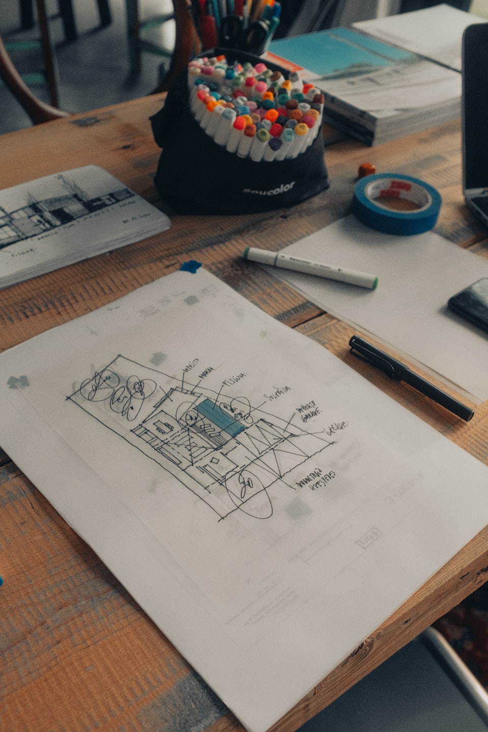 Plan d'architecte et matériel d'art sur un bureau en bois.